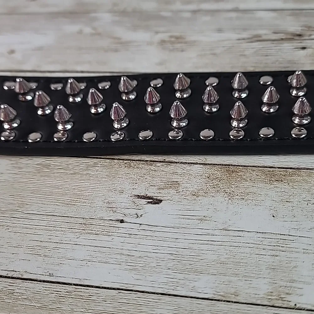 Studded Spiked Dog PU Smooth Black Leather Collar‎ Punk Tough Dog Medium